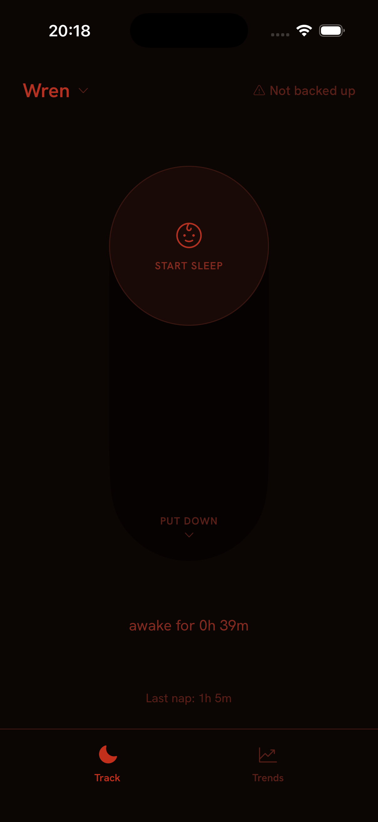 Little Patterns Track screen in the Night theme — one large red button to start sleep