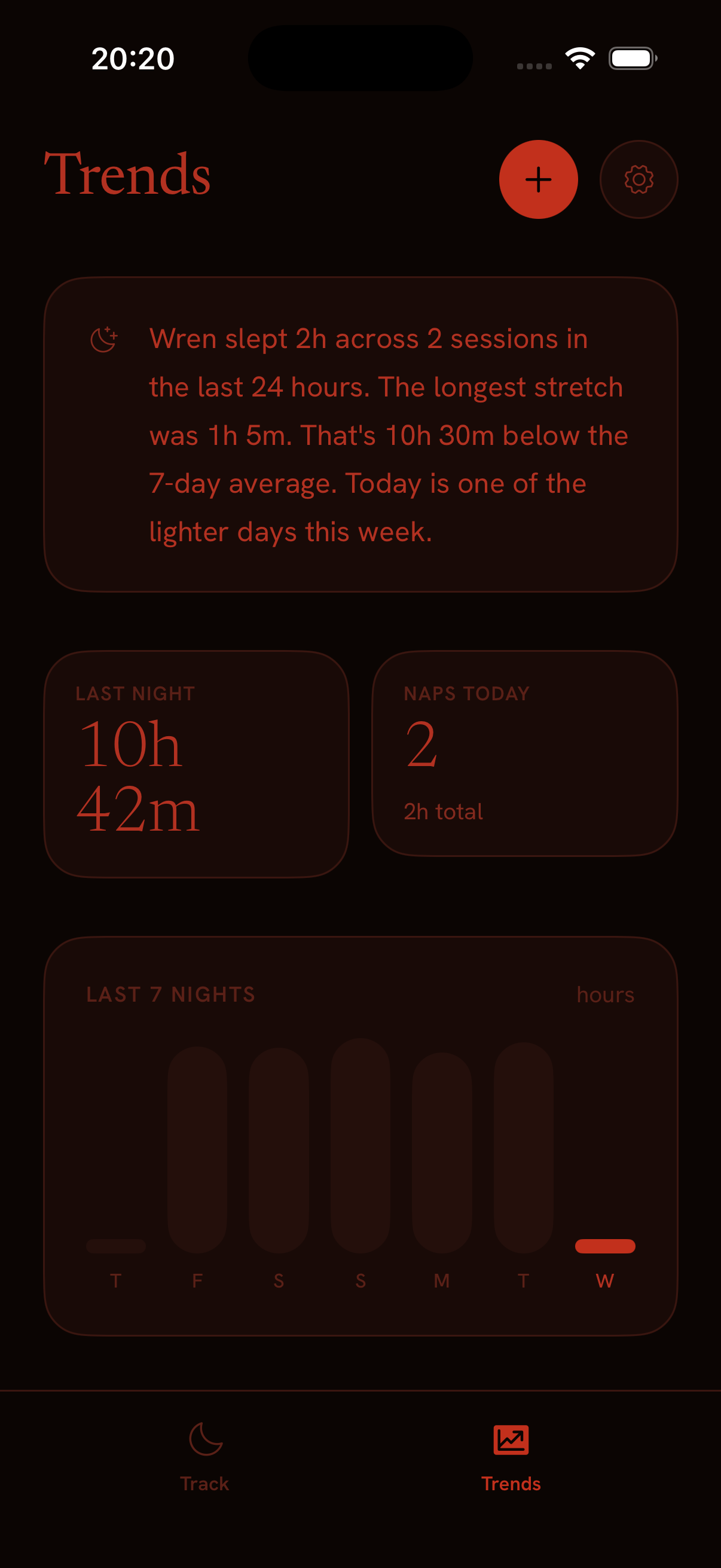 Little Patterns Trends screen in the Night theme — an insight written in plain words above a 7-night chart